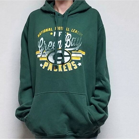 VINTAGE 1990s NFL Green Bay Packers Green Yellow Oversized Pullover Hoodie Large - Picture 3 of 14